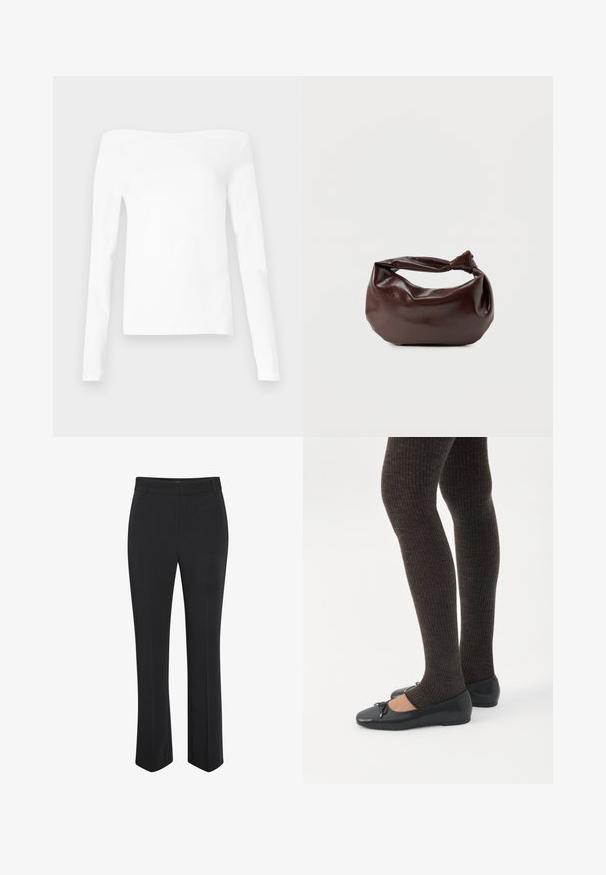 Top blanco de manga larga con escote en los hombros, hecho de tela suave. Presenta un diseño limpio y sencillo con un escote recto y mangas ajustadas.; Pantalones negros a medida con diseño de pierna recta. Fabricados con tela suave, cuentan con una pretina de talle medio y una sutil arruga frontal.; Piernas con leggings oscuros acanalados combinados con bailarinas negras que presentan pequeños detalles de lazo sobre un fondo blanco.; Bolso de hombro de cuero marrón oscuro con una forma suave y caída, y un asa con nudo torcido sobre un fondo blanco liso.