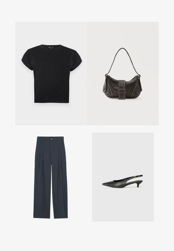 Μαύρο crop top με κοντά μανίκια, λαιμόκοψη crew, ελαφρώς επεκταμένους ώμους και στενή εφαρμογή σε λευκό φόντο.; Πλατιά παντελόνια από υφασμένο σκούρο γκρι ύφασμα, με πιέτες στο μπροστινό μέρος, κλείσιμο με κουμπί και πλαινές τσέπες για πρόσθετη λειτουργικότητα.; Μαύρο παπούτσι slingback με μυτερή μύτη, κατασκευασμένο από λείο δέρμα. Διαθέτει λεπτό τακούνι και λεπτομέρεια με αγκράφα στη ρυθμιζόμενη λωρίδα.; Μαύρη δερμάτινη τσάντα ώμου με λεπτομέρεια ιμάντα με πόρπη, καμπυλωτές άκρες και αντίθετη λευκή ραφή σε απλό φόντο.