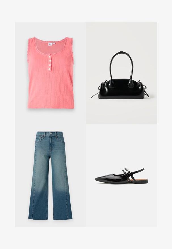 Débardeur rose sans manches avec un motif de rayures verticales texturé, un col en scoop et une rangée de cinq boutons décoratifs.; Jeans à jambe large dans un délavage bleu moyen, présentant un effet dégradé du plus foncé au plus clair. Fabriqués en denim avec un design traditionnel à cinq poches.; Des chaussures slingbacks en cuir verni noir présentent un bout pointu, deux sangles avec des accents de boucle, et une semelle plate.; Petit sac à main noir brillant avec deux longues anses et des détails à cordon sur les côtés sur un fond clair uni.