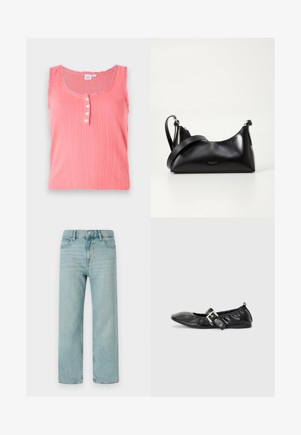 Lyserød, ærmeløs tanktop med et struktureret vertikalt stribemønster, en rund halsudskæring og en række af fem knapdetaljer.; Lyseblå brede jeans lavet af denim, der har et klassisk fem-lomme design, rene linjer og et almindeligt taljebånd med knaplukning.; Sorte læder flade sko med spids tå, samling detaljer omkring åbningen, og en sølv spænde accent på den justerbare rem.; Sort læderhåndtaske med en glat tekstur. Har en justerbar stropp og et enkelt, minimalistisk design med lynlås.