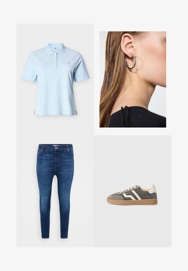 Hellblaues Polo mit kurzen Ärmeln, Kragen, vier Knöpfen und kleinem Logo auf der linken Brust vor einfarbigem Hintergrund.; Dunkelblaue Skinny-Jeans mit vorderen Taschen, Gürtelschlaufen und einem Knopfverschluss auf einem schlichten hellen Hintergrund.; Graue Wildledersneaker mit strukturiertem Obermaterial, ausgestattet mit cremefarbenen Streifen und Schnürsenkeln sowie einer Sohle aus Gummi für besseren Halt. Klassisches sportliches Design.; Silberne Creolen mit polierter Oberfläche, die kleine goldene Akzentdetails und eine runde Form aufweisen, am Ohrläppchen getragen.
