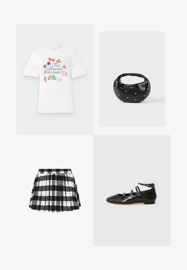 Hvid kortærmet T-shirt med et farverigt design med teksten "Dette sæsons essentielle" og forskellige sæsonbestemte illustrationer, herunder blomster og gaver.; Blandet sort og hvidt ternet nederdel med plisseringer, lavet af et blødt tekstilmateriale med en struktureret overflade og en tætsiddende talje.; ALDO NELTA - Ballerinasko - black; Sort læderhåndtaske med en rundet form, dekoreret med sølvnitter, og et kort håndtag. Glat tekstur og lynlåslukning.