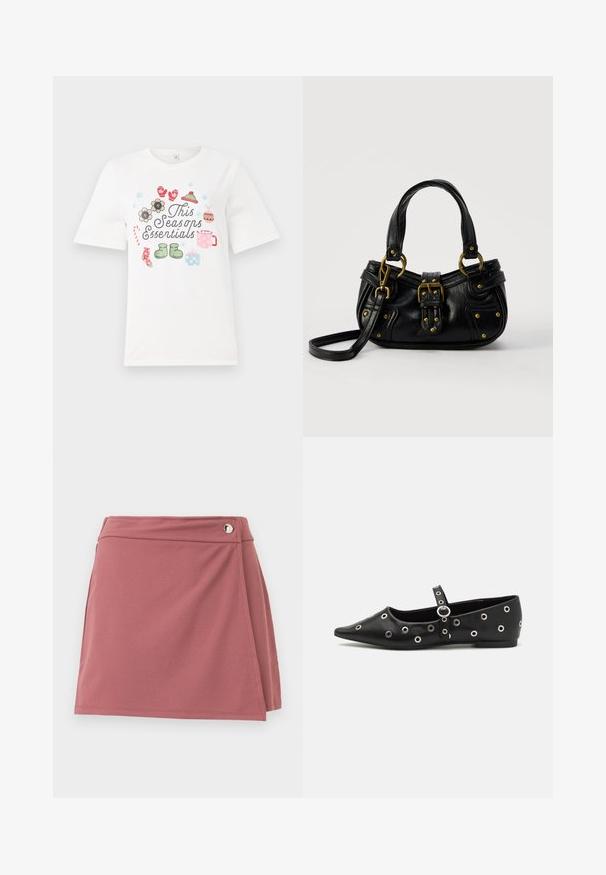 T-shirt blanc à manches courtes avec un design coloré portant le texte "Les essentiels de cette saison" et diverses illustrations saisonnières, y compris des fleurs et des cadeaux.; Jupe portefeuille courte en rose poussiéreux avec un petit bouton argenté près de la ceinture sur un fond clair uni.; Chaussure plate en cuir noir avec un orteil pointu, ornée d'œillets en argent décoratifs et d'une sangle ajustable autour de la cheville.; Sac à main en cuir noir avec boucle dorée et détails à rivets, poignées courtes et bandoulière réglable sur fond blanc uni.