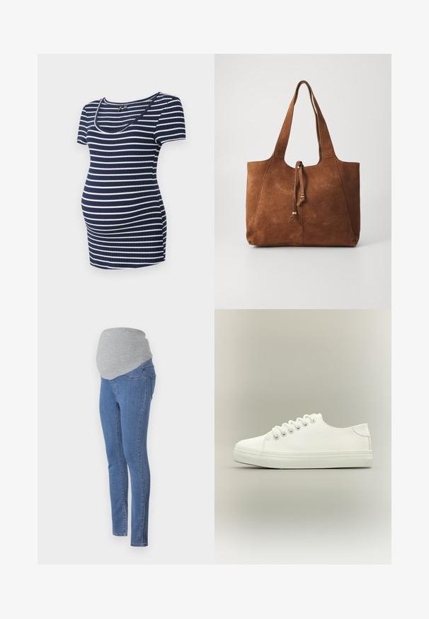 Navy en witte gestreepte zwangerschapsblouse, korte mouwen, ronde halslijn, geribbeld textuur, aansluitend met extra ruimte voor een groeiende buik.; Zwangerschapsjeans met een fitted ontwerp, blauwe denimstof en een zachte grijze jersey tailleband voor comfort. Inclusief achterzakken en een slim fit.; Witte lage sneaker met witte veters en rubberen zool, zijaanzicht op een neutrale achtergrond.; Bruine suede tote bag met twee lange handvatten, trekkoordsluiting en een gladde textuur. Kenmerkt zich door een eenvoudig ontwerp en minimale accenten.