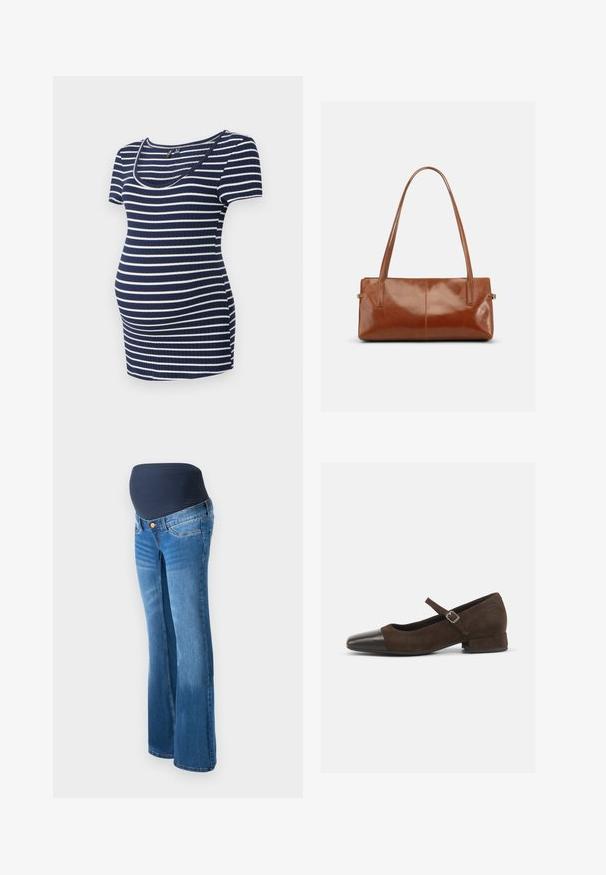 Navy en witte gestreepte zwangerschapsblouse, korte mouwen, ronde halslijn, geribbeld textuur, aansluitend met extra ruimte voor een groeiende buik.; Zwangere spijkerbroeken van blauw denim, met een donker marineblauwe stretchpaneel bij de taille, uitlopende pijpen en een klassieke vijf-pocketontwerp.; Bruine suède Mary Jane-schoen met een zwarte lakleren neuskap, een verstelbare band en een lage blokhak. Gladde textuur met minimale accenten.; Rechthoekige bruine leren handtas met twee lange schouderriemen, een gladde glanzende afwerking en een minimalistisch ontwerp op een effen achtergrond.