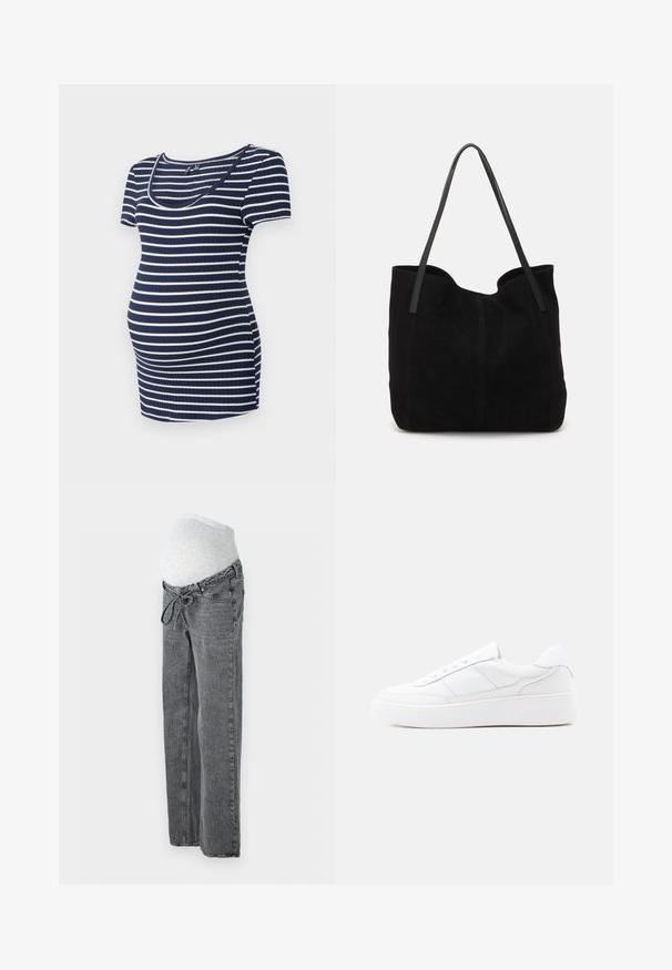 Marineblå og hvid stribet graviditetstop, kortærmet, rund halsudskæring, ribbet tekstur, tætsiddende med ekstra plads til en voksende mave.; Vero Moda Maternity Wide-leg maternity Wide Leg Fit - Jeans Relaxed Fit - medium grey denim; Hvid lavtop-sneaker med tyk sål, snørelukning og diskrete syningsdetaljer på en ensfarvet lys baggrund.; Sort ruskinds totemed med to lange, flade læderremme. Har en buet topkant og synlige stikninger langs forsiden. Ingen hardware-dekorationer.