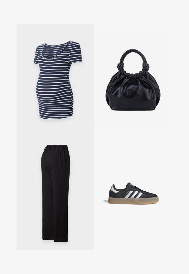 Blusa de maternidad a rayas en azul marino y blanco, de manga corta, con escote redondeado, textura acanalada, ajustada pero con espacio extra para una barriga en crecimiento.; Pantalones negros de corte relajado hechos de tejido ligero. Cuentan con una cinturilla elástica con cordón, diseño de pierna recta y dobladillo plano.; Zapatilla deportiva de cuero negro con tres rayas plateadas, punta texturizada y suela de goma. Cuenta con un collar acolchado y un diseño con cordones.; Bolso de mano de cuero negro suave con parte superior fruncida y dos asas gruesas atadas en nudos sobre un fondo claro y liso.