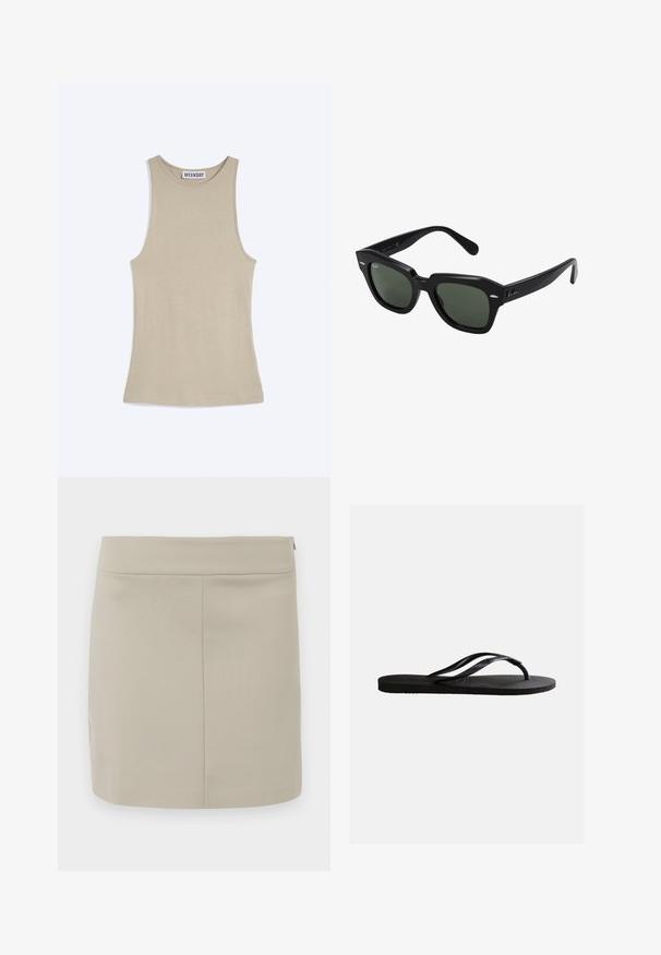 Beige mouwloze geribde tanktop met ronde hals en "WEEKDAY"-label dat binnenin de kraag is genaaid.; Beige minirok gemaakt van zachte stof, met een rechte snit, eenvoudig ontwerp en een verborgen ritssluiting aan de zijkant.; Zwarte rubberen teenslipper met een gestructureerd voetbed en dunne Y-vormige bandjes op een effen witte achtergrond.; Zwarte vierkante zonnebril met donker groene lenzen, uitgerust met gedurfde monturen en zilveren accenten aan de zijkanten. Gemaakt in Italië.