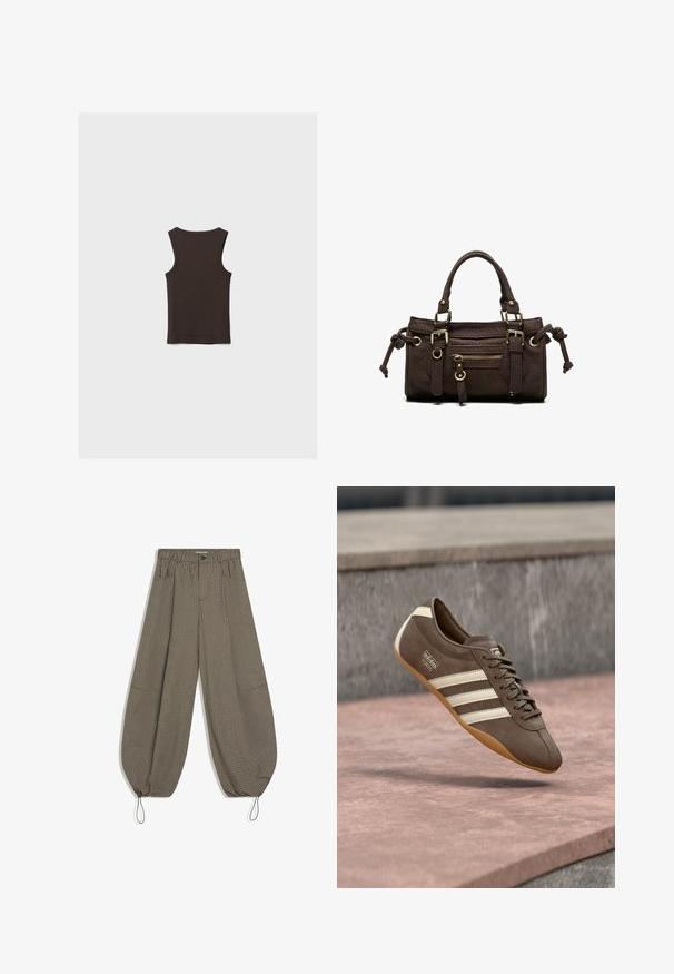 Débardeur sans manches brun foncé avec un col rond, posé à plat montrant le dos sur un fond clair uni.; Pantalon large à carreaux marron et noir avec taille élastique, poches avant, fermeture par bouton et cordons ajustables aux chevilles.; Baskets en daim marron avec des rayures blanches et un logo, dotées d'un bout rond et d'une semelle en caoutchouc gomme, suspendues au-dessus d'une surface texturée.; Sac à main en cuir marron foncé avec double poignée, poche avant zippée, boucles décoratives et nœuds latéraux sur fond blanc.