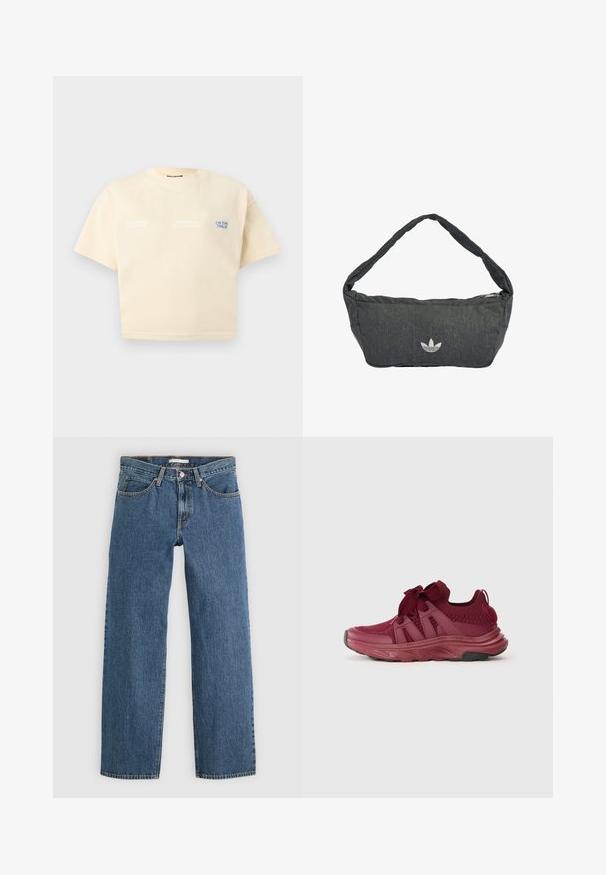 Beige croppet t-shirt med korte ærmer og lille hvid og blå tekst, der lyder "Engineered for Speed," "Precision & Performance" og "On The Track."; Blå denim jeans med lige pasform, der har fem lommer, knaplukning og kontrastsyninger langs sømmene.; Bordeaux atletiksko med en struktureret overdel, elastiske snørebånd og en polstret krave. Har en holdbar gummisål og en hækflik.; Mørkegrå skuldertaske lavet af tekstureret stof med lynlåslukning og broderet logo foran. Lang, buet strop.