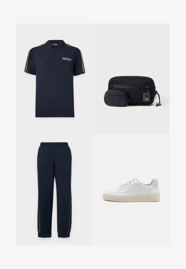 Polo de manga corta de color azul oscuro con cuello abotonado y tiras de la marca EA7 Emporio Armani en los hombros y parche con el logo en el pecho.; Pantalones de chándal azul marino con una textura suave, puños ajustados y paneles laterales de malla. Cintura elástica para mayor comodidad y un ajuste casual.; Zapatilla blanca con parte superior de cuero suave, cordones beige y un tirador de talón de ante beige texturizado. Suela elevada para mayor altura.; Dos bolsas de tela negras con cremallera, una rectangular con un bolsillo con cremallera frontal y una etiqueta con el logotipo, y la otra pequeña y de forma ovalada con marca en relieve.