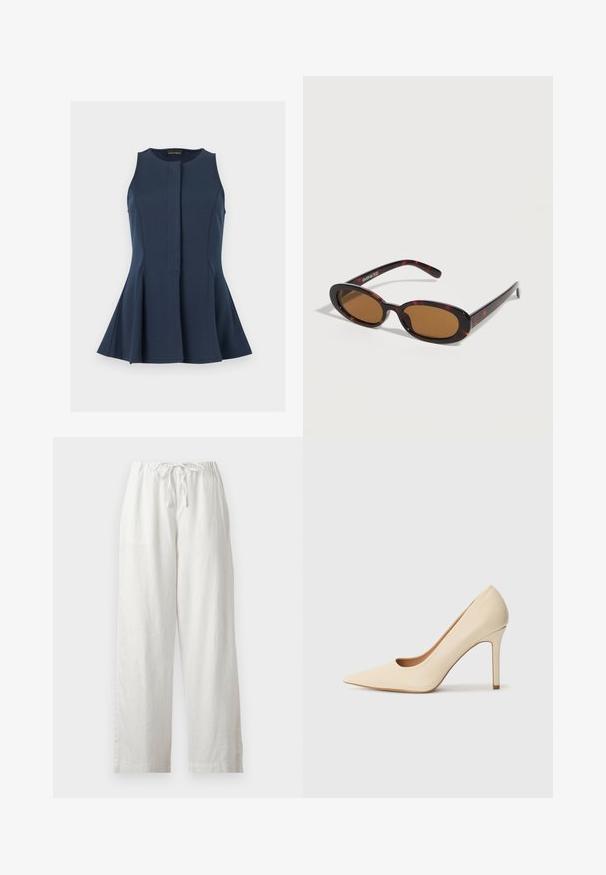 Ärmelloses marineblaues Peplum-Top mit rundem Ausschnitt und verdeckter Frontblende, präsentiert vor hellem grauem Hintergrund.; Weiße locker sitzende Leinenhose mit elastischem Bund und Kordelzug, vor neutralem Hintergrund gezeigt.; Beige Leder-Pumps mit hohen Absätzen, spitz zulaufend und mit einer seitlichen Aussparung, ausgestattet mit einem schlanken Stiletto-Absatz für zusätzliche Unterstützung.; Oval geformte Sonnenbrille im Schildpatt-Design mit braunen getönten Gläsern und dünnen Bügeln, liegend auf einer weißen Oberfläche.