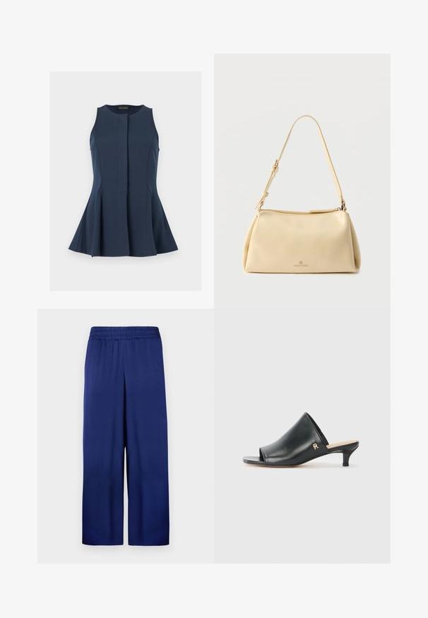 Ärmelloses marineblaues Peplum-Top mit rundem Ausschnitt und verdeckter Frontblende, präsentiert vor hellem grauem Hintergrund.; Marineblaue weite Hose mit elastischem Bund, aus glattem Stoff gefertigt, mit einem schlichten und funktionalen Design ohne sichtbare Muster.; Schwarze Leder-Pantoletten mit offenen Zehen und niedrigem Absatz. Sie verfügen über eine glatte Oberfläche und ein goldenes Logo-Detail an der Seite.; Beige rechteckige Schultertasche mit verstellbarem Riemen und Reißverschluss, mit kleinem "Anna Field"-Logo in der Mitte vorne.