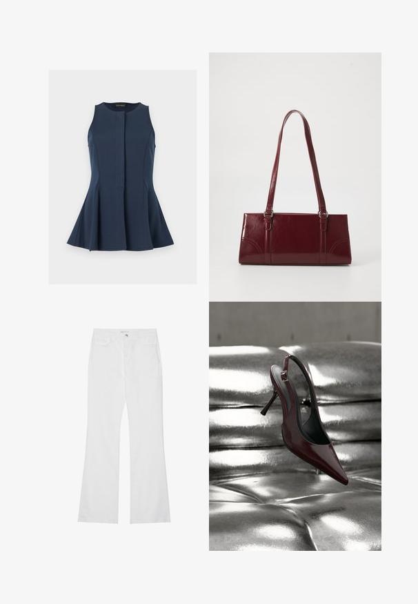 Ärmelloses marineblaues Peplum-Top mit rundem Ausschnitt und verdeckter Frontblende, präsentiert vor hellem grauem Hintergrund.; Weiße Schlagjeans aus Baumwoll-Denim, mit zwei vorderen Taschen, einem Reißverschluss und einem Metallknopf. Glatte Textur mit minimalen Details.; Dunkelroter Slingback High Heel Schuh mit spitzer Spitze, der auf einer glänzenden metallisch silbernen gepolsterten Oberfläche liegt.; Burgunderfarbene Handtasche aus glänzendem Material, rechteckige Form, mit zwei Schulterriemen und subtilen, geschwungenen Akzenten an der Vorderseite.