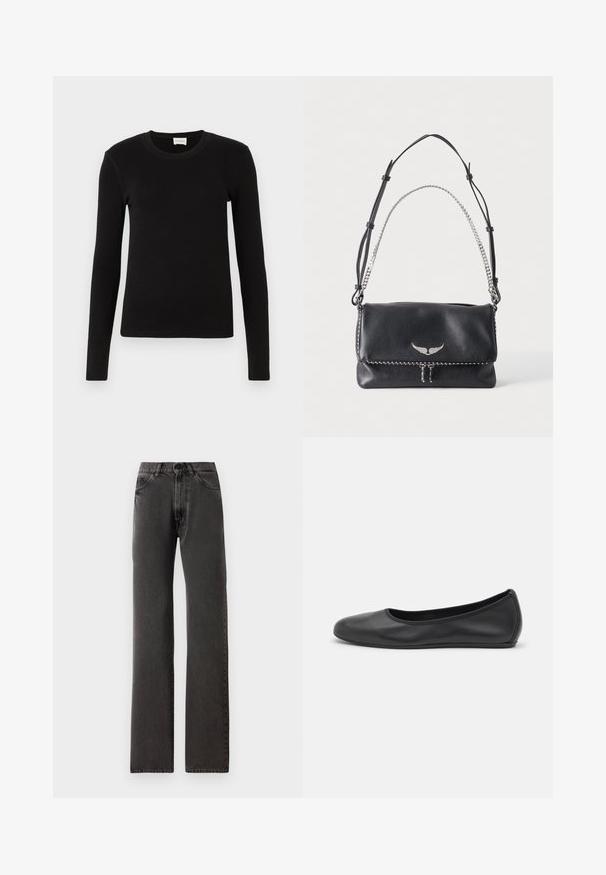 T-shirt noir à manches longues en tissu doux et lisse. Présente un col rond et une coupe ajustée, sans motifs ni accents visibles.; Jean noir à jambe droite avec poches avant, passants de ceinture, fermeture à bouton et coutures visibles sur un fond blanc.; Ballerines en cuir noir avec un bout rond, texture lisse, détails de couture minimalistes et design de semelle flexible.; Sac à bandoulière en cuir noir avec emblème d'aile argenté, sangle en cuir réglable et poignée chaîne argentée sur fond uni.