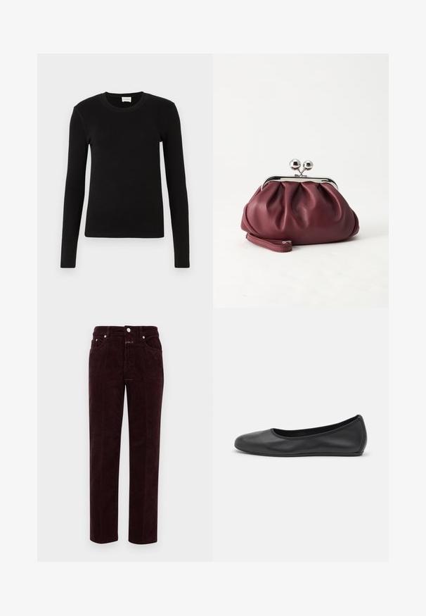 T-shirt noir à manches longues en tissu doux et lisse. Présente un col rond et une coupe ajustée, sans motifs ni accents visibles.; Pantalons en velours côtelé bordeaux à coupe droite, avec poches avant et quincaillerie en métal argenté. Le tissu présente une texture côtelée.; Ballerines en cuir noir avec un bout rond, texture lisse, détails de couture minimalistes et design de semelle flexible.; Petit sac pochette en cuir bordeaux avec fermoir métallique argenté et bracelet sur fond blanc.