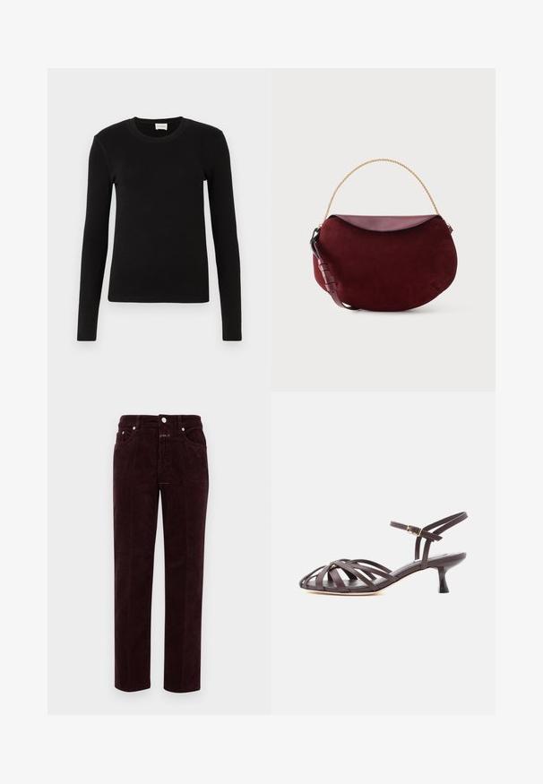 T-shirt noir à manches longues en tissu doux et lisse. Présente un col rond et une coupe ajustée, sans motifs ni accents visibles.; Pantalons en velours côtelé bordeaux à coupe droite, avec poches avant et quincaillerie en métal argenté. Le tissu présente une texture côtelée.; Sandale à talon kitten en cuir marron foncé avec lanières et bride de cheville réglable à boucle sur fond blanc.; Sac à main en forme de croissant en daim rouge foncé avec rabat en cuir lisse, poignée en chaîne dorée et bandoulière en cuir réglable sur fond blanc.
