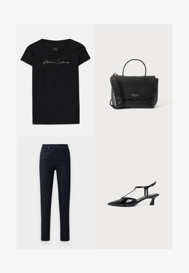 Sort kortærmet t-shirt lavet af bomuld, med et scriptskriftlogo "Armani Exchange" i gyldne udsmykninger på tværs af brystet.; Mørkeblå denim bukser med lige ben, featuring en knaplukning, fem lommer og subtile stikninger.; Sort laklæder spids tå slingback sko med T-rem og lav skrå blokhæl på hvid baggrund.; Sort læderhåndtaske med klaplukning, enkelt top-håndtag, bred justerbar skulderrem og lille sølvlogo foran.