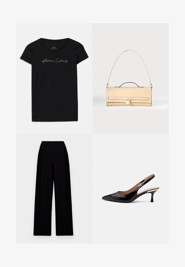 Mustat lyhyet hihaset T-paidat, jotka on valmistettu puuvillasta ja joissa on kultaisilla yksityiskohdilla varustettu "Armani Exchange" -logoteksti rinnan kohdalla.; Lösa svarta byxor med hög midja, med en slät textur och rena linjer. Inga synliga knäppningar eller mönster.; Musta patenttinahkainen slingback-korkokenkä terävällä kärjellä ja matalalla kitten-korolla valkoisella taustalla.; Beigenvärinen suorakulmainen nahkainen käsilaukku, jossa on kultainen ketjuhihna, yläkahva ja kultainen lukko.