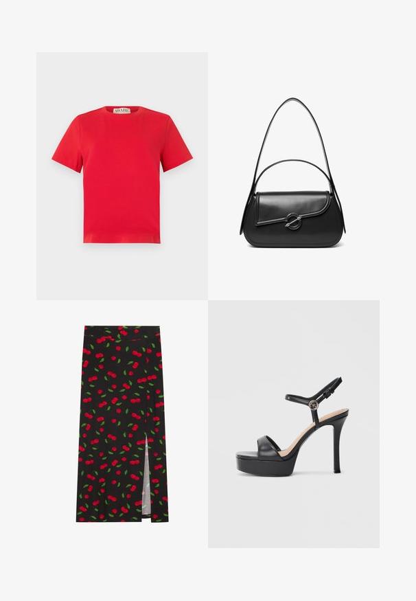 T-shirt en coton rouge avec un col rond et des manches courtes. Design simple, sans motifs, avec un ourlet droit et une étiquette de marque AWARE à l'intérieur.; Jupe noire avec un motif de cerises comprenant des cerises rouges et des feuilles vertes. Inclut une fente latérale pour un détail de design supplémentaire.; Sandales à plateforme noires avec un talon haut stilettos, dotées d'une tige en cuir lisse, d'un bout ouvert et d'une bride de cheville ajustable avec ferrures.; Sac à bandoulière en cuir noir avec un rabat incurvé fermé par un fermoir métallique rond et une sangle fine et ajustable.