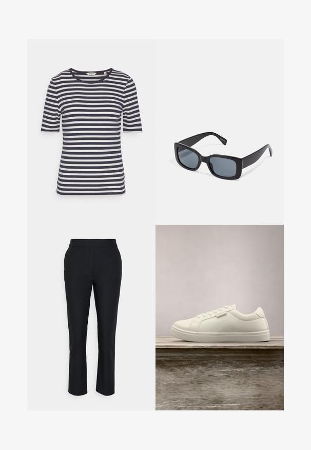 Camiseta de rayas en azul marino y blanco, de manga corta, con escote redondeado, fabricada en material de algodón suave, que presenta rayas uniformes y un corte relajado.; Pantalones negros ajustados con pierna recta, hechos de una tela suave. Presentan una cinturilla sin cierres visibles ni bolsillos.; Zapatilla blanca de cuero con cordones flotando sobre un banco de madera, con hierba alta verde desenfocada al fondo en un entorno al aire libre.; Gafas de sol rectangulares negras con lentes oscuros, montura de plástico grueso y patillas anchas. Superficie lisa y diseño anguloso.