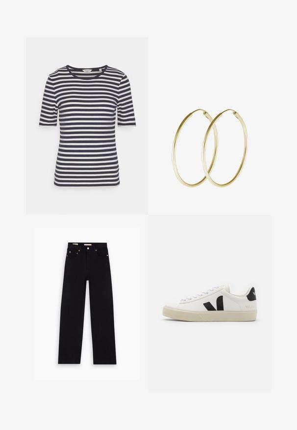 Marineblauw en witte gestreepte T-shirt, korte mouwen, ronde halslijn, soft katoenen materiaal, met even strepen en een relaxte pasvorm.; Zwarte denim jeans met een recht model, vijf zakken, koperen hardware en een gladde textuur. Twee labels zichtbaar op de tailleband.; Witte leren sneaker met zwart rubberen V-logo. Getextureerde off-white zool, witte veters en een achterkant met een detail van de merknaam in het zwart.; Gouden hoop oorringen met een glad, rond ontwerp en een glanzende afwerking. Lichtgewicht constructie met een stevige sluiting.