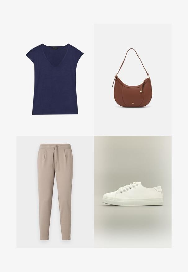 Top de manga corta azul marino con diseño de escote en V. Hecho de una tela suave, con textura lisa y acabado de dobladillo limpio.; Pantalones jogger beige elaborados en tejido suave, con una cintura elástica y cordón, y bolsillos laterales. Diseño de pierna estrecha.; Zapatilla blanca baja con cordones blancos y suela de goma mostrada desde vista lateral sobre un fondo neutro.; Bolso de hombro de imitación cuero marrón con forma curva, costura mínima y un acento de hardware en tono dorado. Presenta un cierre de cremallera en la parte superior y una correa ajustable.