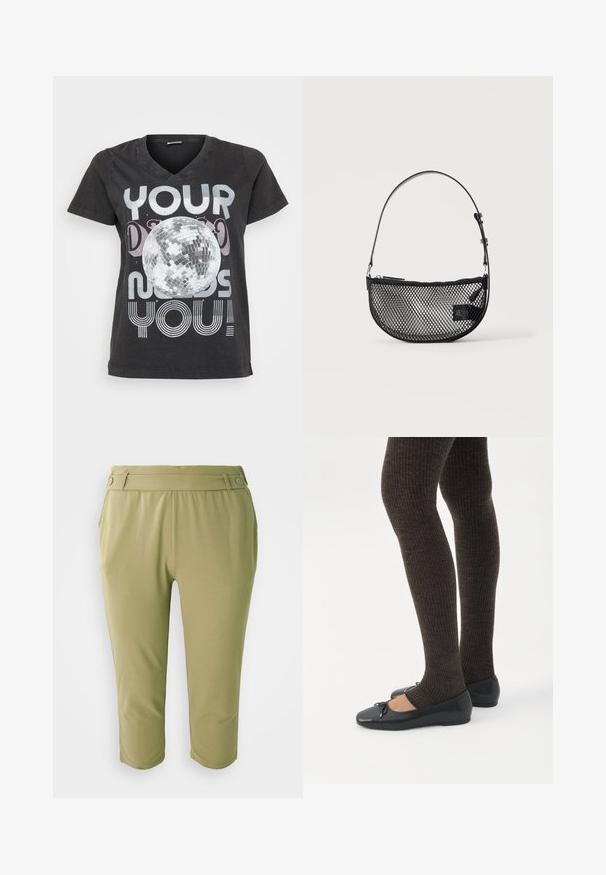 Μαύρο βαμβακερό t-shirt με V-neck, κοντό μανίκι και γραφικό σχέδιο μιας ντισκομπάλας με κείμενο σε μεταλλικά και ριγέ γράμματα.; Χακί κοντά παντελόνια κατασκευασμένα από λείο ύφασμα, με επίπεδη μέση μπροστά και λεπτομέρειες κουμπιού, καθώς και τσέπες στα πλάγια.; Πόδια με σκουρόχρωμα ριμπ κολάν συνδυασμένα με μαύρα μπαλαρίνα παπούτσια με μικρές λεπτομέρειες φιόγκων σε λευκό φόντο.; Μαύρη τσάντα με δίχτυ σε σχήμα ημισελήνου, με κοντό ρυθμιζόμενο δερμάτινο λουράκι και κλείσιμο με φερμουάρ σε απλό φωτεινό φόντο.
