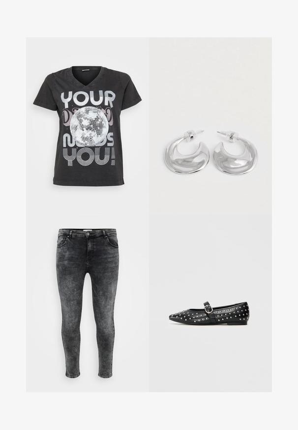 Schwarzes Baumwoll-T-Shirt mit V-Ausschnitt, kurzen Ärmeln und einem Grafikdesign eines Discokugels mit Text in metallischen und gestreiften Schriftarten.; ONLY Carmakoma CARRUSH MID WAIST - Jeans Skinny Fit - grey denim; Schwarze Ballerina mit spitzer Zehenpartie und einem dekorativen Riemen, der eine silberne Schnalle trägt. Mit kleinen silbernen Nieten über die Oberfläche gemustert.; Ein Paar polierte silberne, halbmondförmige Creolen mit klaren Kunststoffrückseiten auf einer weißen Oberfläche.
