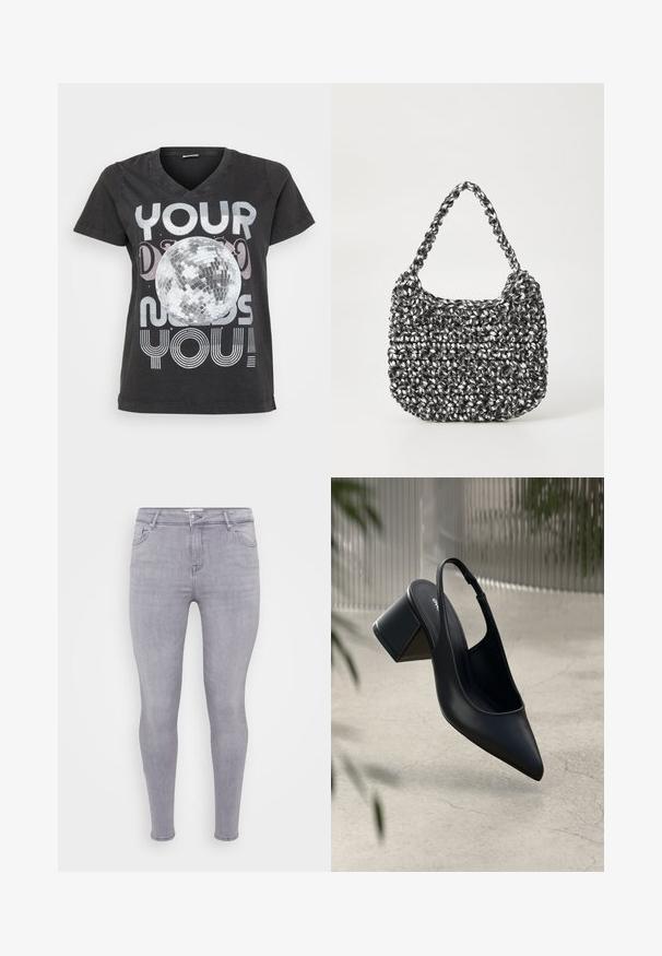 Sort bomulds T-shirt med V-hals, korte ærmer og et grafisk design af en diskokugle med tekst i metalisk og stribet skrifttype.; Grå skinny jeans lavet af denim, med klassisk fem-lomme design, lynlås i front og en glat overflade med let stræk.; Sort læder slingback hæl med spids tå og blokhæl. Glat tekstur, minimalistisk design og justerbar ankelrem.; Vævet håndtaske i sort og hvid med en rund form, tekstureret overflade og et fletet håndtag. Velegnet til afslappet brug.