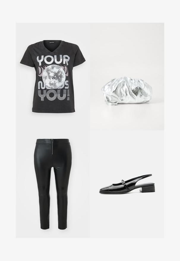 Zwarte katoenen T-shirt met V-hals, korte mouwen en een grafisch ontwerp van een discobal met tekst in metallic en gestreepte lettertypen.; Zwarte faux leren broek met hoge taille, voorzien van een achterste ritsluiting en een slim fit. Gladde textuur en minimalistisch ontwerp.; Zwarte lakleren slingback schoen met een lage blokhak en een dunne band met zilveren gesp bovenop.; Metalen zilveren clutch tas met een zachte, geplooide body en een dunne schouderriem. Kenmerkt zich door een gladde, glanzende textuur en afgeronde vorm.