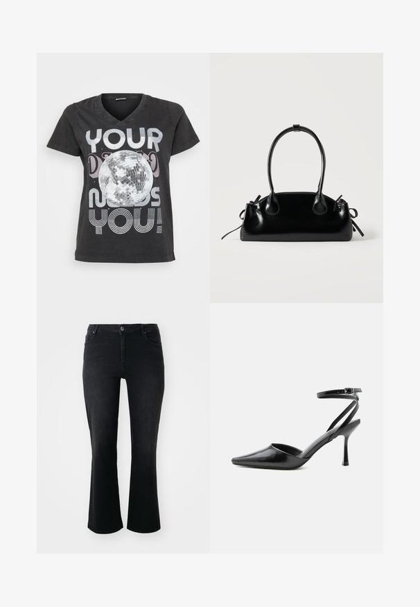 Schwarzes Baumwoll-T-Shirt mit V-Ausschnitt, kurzen Ärmeln und einem Grafikdesign eines Discokugels mit Text in metallischen und gestreiften Schriftarten.; Schwarze Denim-Jeans mit mittelhohem Bund, vorderem Knopf, zwei Vorder- und zwei Hintertaschen sowie weiter Schnitt.; Schwarzer spitzer High Heel mit dünnen Knöchelriemen und silberner Schnalle auf einfachem hellem Hintergrund.; Kleine schwarze glänzende Handtasche mit zwei langen Griffen und seitlichen Kordelzug-Details vor einfachem hellem Hintergrund.