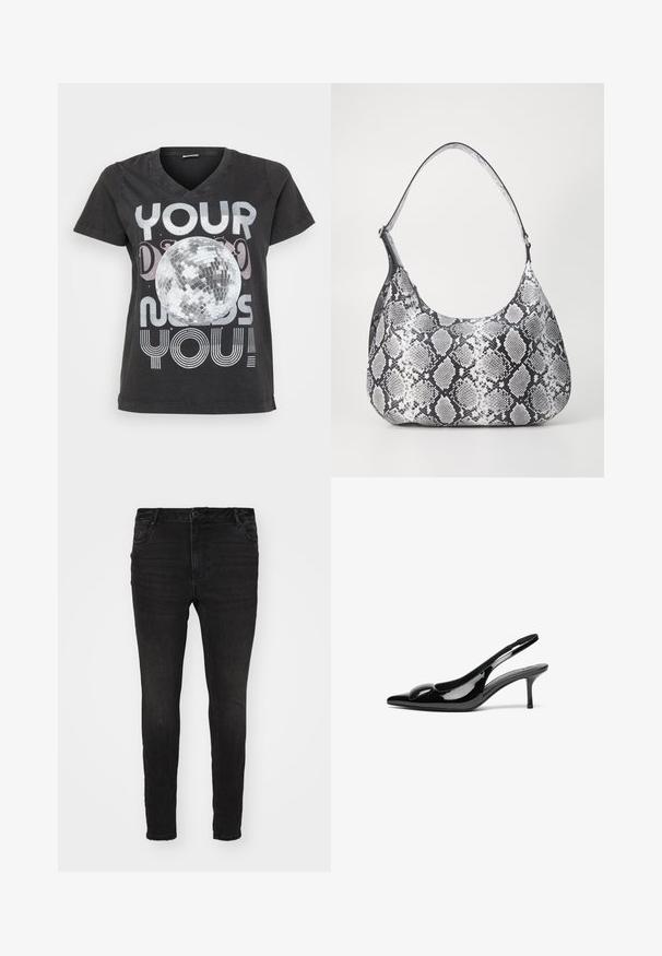 Schwarzes Baumwoll-T-Shirt mit V-Ausschnitt, kurzen Ärmeln und einem Grafikdesign eines Discokugels mit Text in metallischen und gestreiften Schriftarten.; Vero Moda Curve Skinny fit VMCFLASH Mid rise - Jeans Skinny Fit - black denim; Schwarze patentierte Slingback-Absätze mit spitzem Zehenbereich und glänzender Oberfläche. Besitzt einen schlanken Absatz und eine abgerundete Akzentuierung am Schuhoberteil.; Schultertasche im schwarz-weißen Schlangenprint mit runder Form, glatter Textur und gebogenem Tragegurt. Mit einem silbernen Hardware-Akzent.