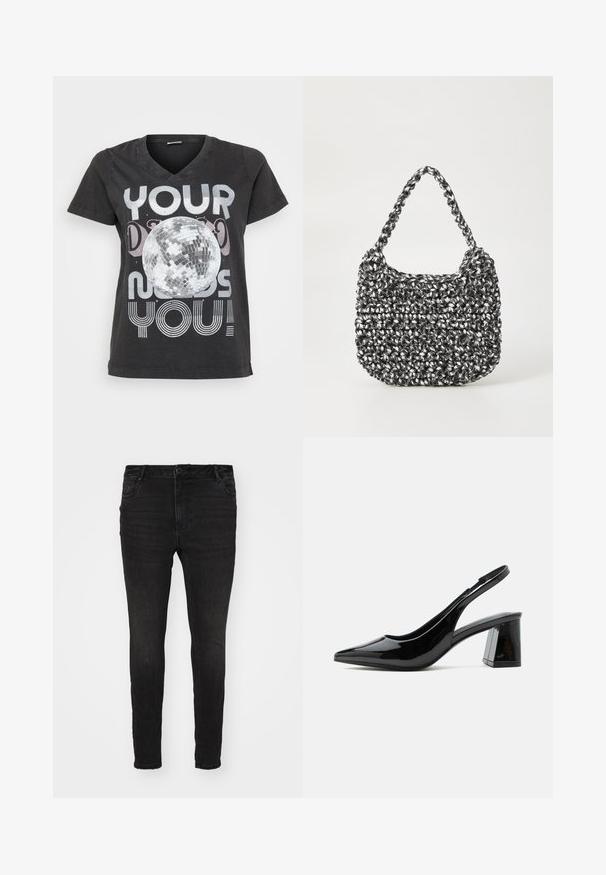 Sort bomulds T-shirt med V-hals, korte ærmer og et grafisk design af en diskokugle med tekst i metalisk og stribet skrifttype.; Vero Moda Curve Skinny fit VMCFLASH Mid rise - Jeans Skinny Fit - black denim; Sort slingback sko i lakeret læder med spids tå og chunky midhøj blokhæl på hvid baggrund.; Vævet håndtaske i sort og hvid med en rund form, tekstureret overflade og et fletet håndtag. Velegnet til afslappet brug.