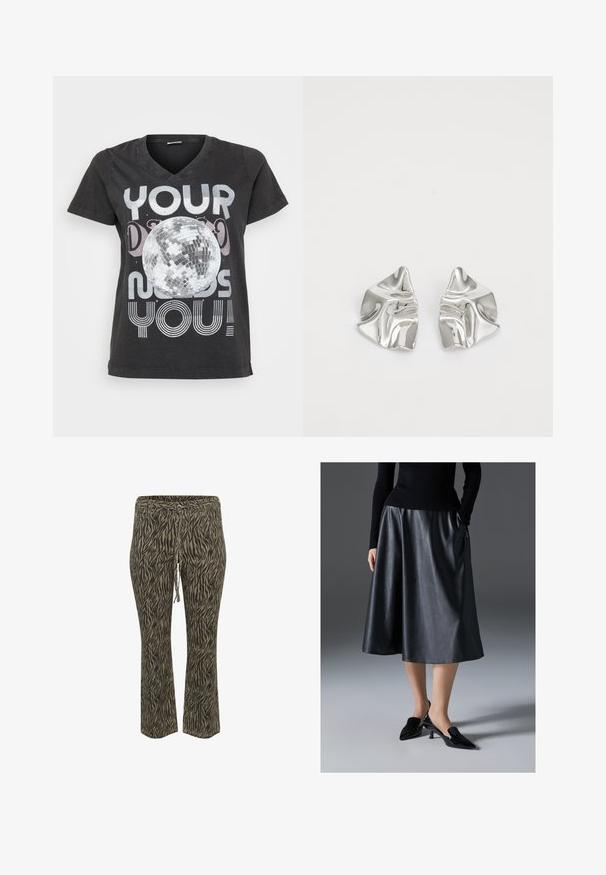 Schwarzes Baumwoll-T-Shirt mit V-Ausschnitt, kurzen Ärmeln und einem Grafikdesign eines Discokugels mit Text in metallischen und gestreiften Schriftarten.; Elastische Hose mit Kordelzug im khaki und beigefarbenen Zebra-Muster. Mittlere Leibhöhe, ausgestellte Beinform, weicher Stoff. Geeignet für Freizeitkleidung.; Schwarzer Leder-Midirock mit glatter Textur; verfügt über einen Taillenbund und Seitentaschen. Kombiniert mit glänzenden schwarzen Absatzschuhen.; Silberne Metallohrringe mit einem wellenförmigen, skulpturalen Design, das eine polierte Oberfläche und unregelmäßige Formen aufweist, die eine zeitgenössische Ästhetik betonen.