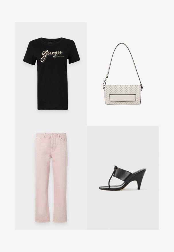 Sort bomulds t-shirt med korte ærmer og rund hals, med glossy "Giorgio" tekst og "Armani Exchange" logo i kontrastfarver.; Lys rosa denimjeans med lige pasform, fem lommer og lynlås. Har sy detaljer og hardware i sølvfarve.; Sort højhælet sandal med bred frontrem og en tåsløjfe med en knyttet snordetalje, vist i profil på hvid baggrund.; Hvid faux læder håndtaske med prægede prikkemønstre, sort kant og sølv hardware. Har en flad frontlomme med logodetail.