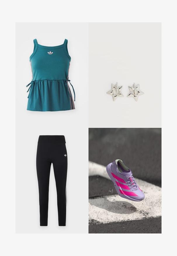 Haut sans manches teal avec taille froncée, rayures latérales roses et logo brodé. Fabriqué en matériau doux avec une coupe décontractée et des accents à nouer.; Leggings de sport noir taille haute avec logo blanc sur la hanche et trois bandes blanches sur les côtés.; Chaussure de course violet clair avec des rayures et des accents roses, dotée d'un design élégant, d'une tige texturée et d'un col rembourré. Flottant au-dessus d'une surface.; Boucles d’oreilles créoles en forme d’étoile argentée avec une finition lisse et polie sur un fond blanc uni.