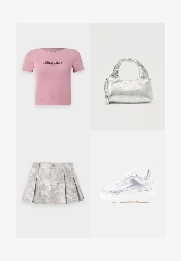 Lühike roosa t-särk ribatud kangast, millel on must "Santa Cruz" graafika rinnal ja väike südame detail varrukal.; Hallide denim seelik plekkidega, millel on õrn lehe muster heledamates toonides. Klassikaline lõige vöökoht ja metallnuppudega kinnitamine.; Valge ja hõbedane jämeda tallaga vabaajajalanõu, millel on paks tekstureeritud tall, võrk- ja sünteetilised paneelid, ümar nina ja kandmisel kergesti haaratav aas kannal.; Hõbedane käekott, millel on geomeetriliste kujundite ja ringide tekstuuriga muster, ümar käepide ja eemaldatav rihm.