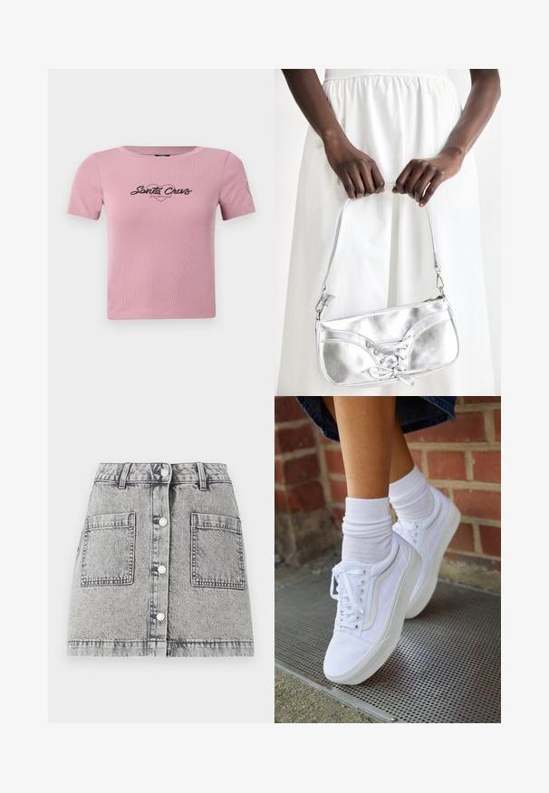 Korte roze t-shirt van ribstof, met een zwart "Santa Cruz" graphic op de borst en een klein hartdetail op de mouw.; Lichtgrijze denimrok met een vervaagde textuur, voorzien van een knoopsluiting aan de voorkant, twee grote zijzakken en een rechte snit.; Witte canvas sneakers met rubberen zolen, voorzien van zes vetertjes, een ronde neus en lichte stikdetails, gecombineerd met witte enkelsokken.; Zilveren metalen handtas met vetersluiting, met een strak ontwerp en een korte schouderriem. De tas wordt vastgehouden in de handen, waardoor de textuur goed tot zijn recht komt.