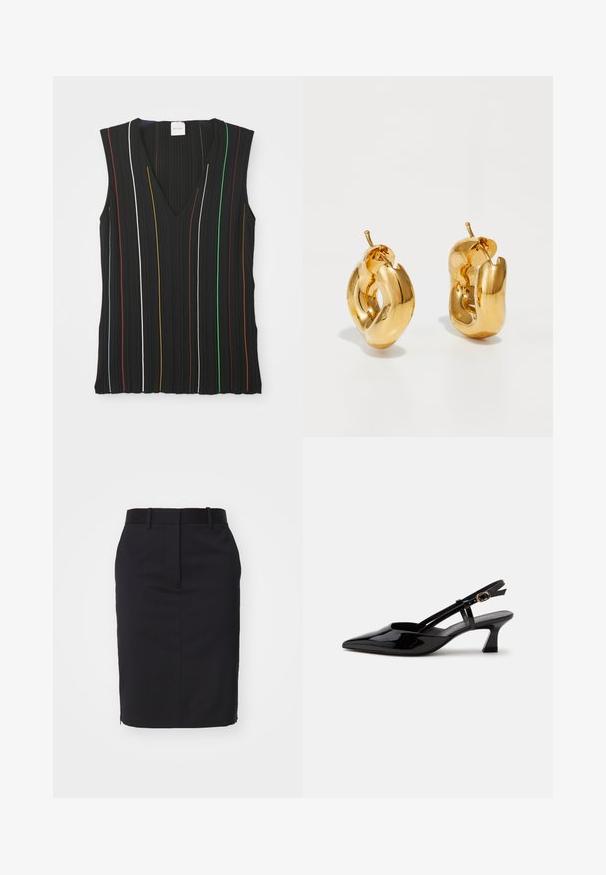 Top negro sin mangas con escote en V, con rayas verticales en rojo, blanco, azul, amarillo, verde y marrón; textura acanalada.; Falda lápiz negra con un diseño ajustado, hecha de una tela suave. Cuenta con una cinturilla y una abertura en la parte trasera para facilitar el movimiento.; Zapato slingback de charol negro con tacón bajo, punta puntiaguda y correa ajustable con hebilla dorada sobre fondo blanco.; Pendientes de aro grueso en oro con un diseño tubular ligeramente retorcido y cierre de presión, sobre un fondo blanco.