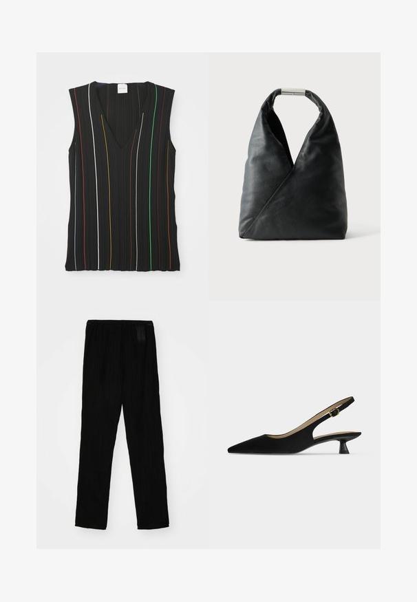 Black sleeveless top with a V-neck, featuring vertical stripes in red, white, blue, yellow, green, and brown; ribbed texture.; Black pleated trousers made of lightweight fabric, featuring an elastic waistband and straight-leg design. Smooth texture, no visible patterns.; Black pointed-toe slingback shoe with a low kitten heel and gold buckle strap, shown in profile on a plain light background.; Black leather handbag with a soft triangular shape and a silver metal clasp handle on a plain white background.