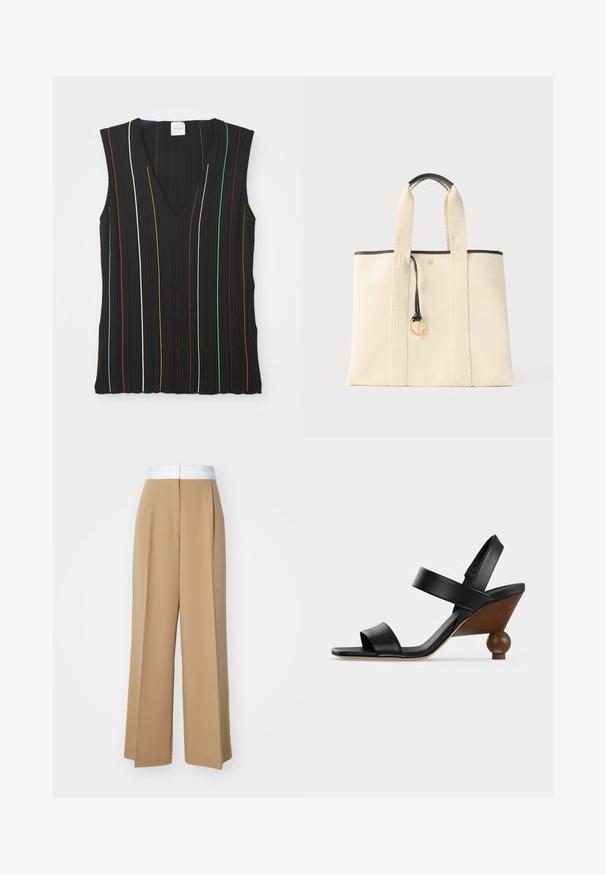 Zwart mouwloos top met een V-hals, gekenmerkt door verticale strepen in rood, wit, blauw, geel, groen en bruin; geribde textuur.; Brede broek van lichtbruin stof met een contrasterende witte tailleband. Kenmerkt zich door strakke lijnen en geen zichtbare patronen of versieringen.; Zwarte leren open sandaal met twee bandjes en een houten sleehak met een ronde bolvormige basis.; Crèmekleurige canvas draagtas met brede bandjes, zwart afgewerkte handgreep en goudkleurige ringdetail aan de voorkant in het midden.