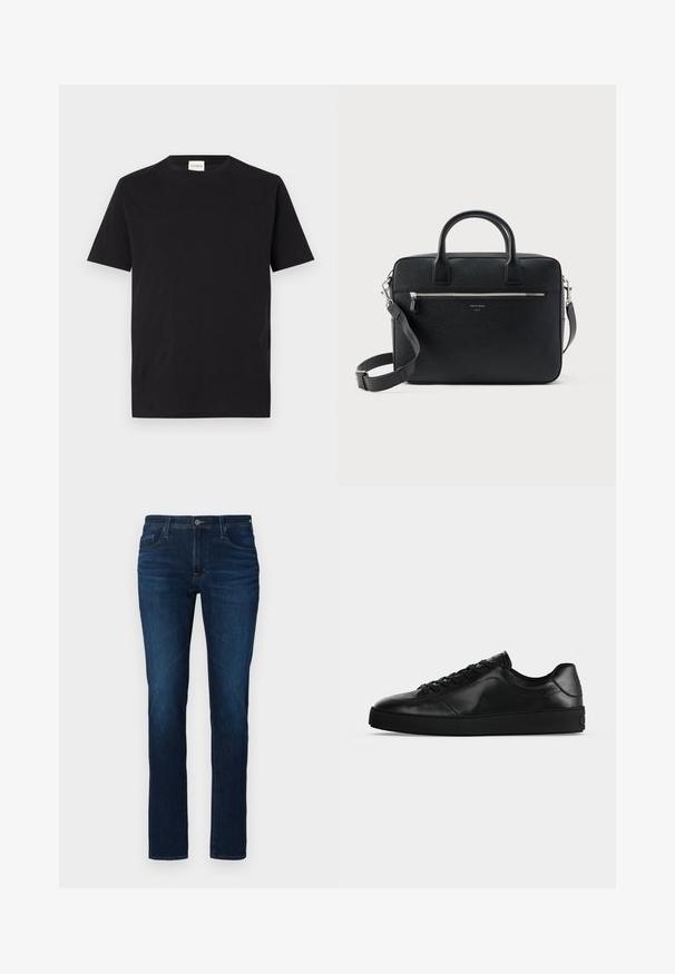 Sort bomulds T-shirt med rund hals og korte ærmer. Har et lige snit og et minimalistisk design, med et mærke synligt ved kraven.; Mørkeblå denimjeans med lige ben, der har standard knap- og lynlåslukning, fem lommer og let lysning.; Svært lavprofileret sort lædersneaker med snørebånd foran og tekstureret flad sål, vist fra siden på en neutral baggrund.; Sort struktureret rektangulær lædermappe med dobbelthåndtag, lynlåslomme foran og justerbar skulderrem vist på hvid baggrund.