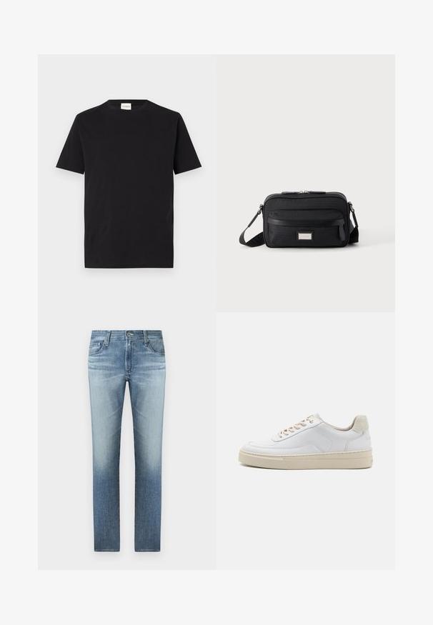 Camiseta de algodón negra con cuello redondo y mangas cortas. Presenta un corte recto y un diseño minimalista, con una etiqueta visible en el cuello.; Vaqueros de mezclilla azul claro con un diseño de pierna recta, que cuentan con un lavado desgastado, cinco bolsillos y un cierre de cremallera con botón de metal.; Zapatilla blanca con parte superior de cuero suave, cordones beige y un tirador de talón de ante beige texturizado. Suela elevada para mayor altura.; Bolso bandolera rectangular negro con bolsillo frontal con cremallera, correa ajustable y placa de logo rectangular plateada sobre fondo liso.