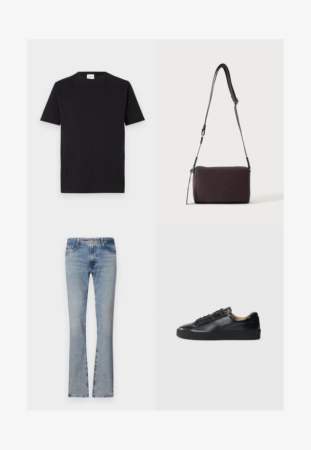 Schwarzes Baumwoll-T-Shirt mit Rundhalsausschnitt und kurzen Ärmeln. Hat einen geraden Schnitt und ein minimalistisches Design, mit einem sichtbaren Etikett am Kragen.; Hellblaue, ausgestellte Jeans aus Denim mit mittelhohem Bund, fünf Taschen und einem verblassten Finish, ausgestattet mit einem Reißverschluss und einem Metallknopfverschluss.; Schwarze Leder-Sneaker mit glatter Textur, runder Zehenpartie und Schnürverschluss. Verfügt über eine dicke Gummisohle und minimalistische Marken-Details.; Dunkelbraune, strukturierte Leder-Crossbody-Tasche mit verstellbarem Riemen und kleinem dekorativen blauen Akzent an der Seite.