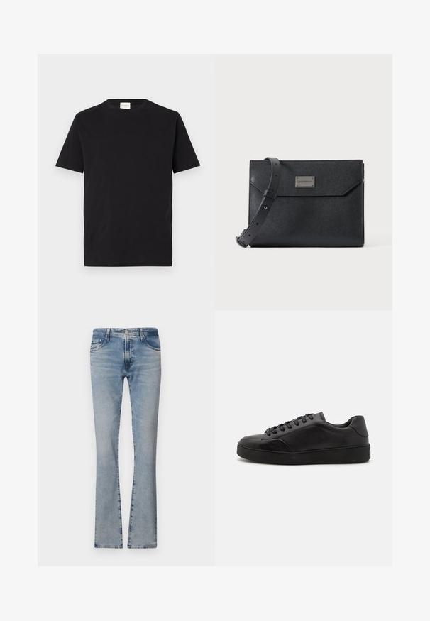 Sort bomulds T-shirt med rund hals og korte ærmer. Har et lige snit og et minimalistisk design, med et mærke synligt ved kraven.; Lyseblå denimflarebukser med mellemhøj talje, fem lommer og en falmet finish, med lynlås og metalknaplukning.; Sorte lædersneakers med rund tå, flad sål og traditionel snøring. Har en glat tekstur og diskrete detaljer på siden.; Sort struktureret læder crossbody taske med justerbar rem og metal logo plade foran, rektangulært konvolutlåg.