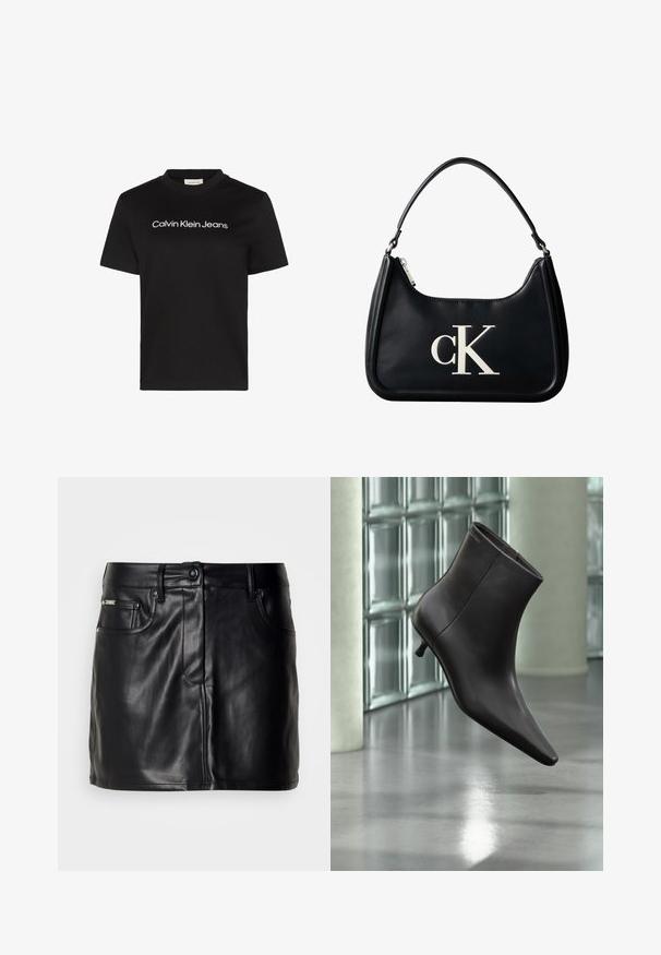 Camiseta de algodón negra con cuello redondo y mangas cortas, con el texto "Calvin Klein Jeans" en blanco en el pecho.; Falda mini de cuero negro con un diseño a medida, que presenta bolsillos delanteros, un cierre de botón y una textura suave.; Bota de cuero negro para el tobillo con puntera puntiaguda y tacón pequeño, exhibida frente a una pared de bloques de vidrio y un suelo pulido.; Bolso de hombro de cuero negro con cremallera plateada y logo "cK" blanco centrado en el frente.
