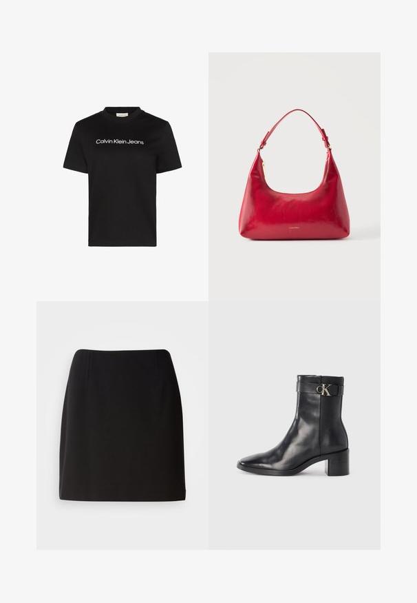 Sort bomuld T-shirt med rund hals og korte ærmer, med teksten "Calvin Klein Jeans" i hvid over brystet.; Sort nederdel med en tætsiddende silhuet, lavet af et glat stof. Har subtile frontfolder og et design der når til midten af låret.; Sort læder ankelstøvle med spids tå, blokhæl og en rem med en metallisk logo detalje. Glat tekstur og minimalistisk design.; Rød læder skuldertaske med guld lynlås og justerbar rem, Calvin Klein-logo centreret foran.