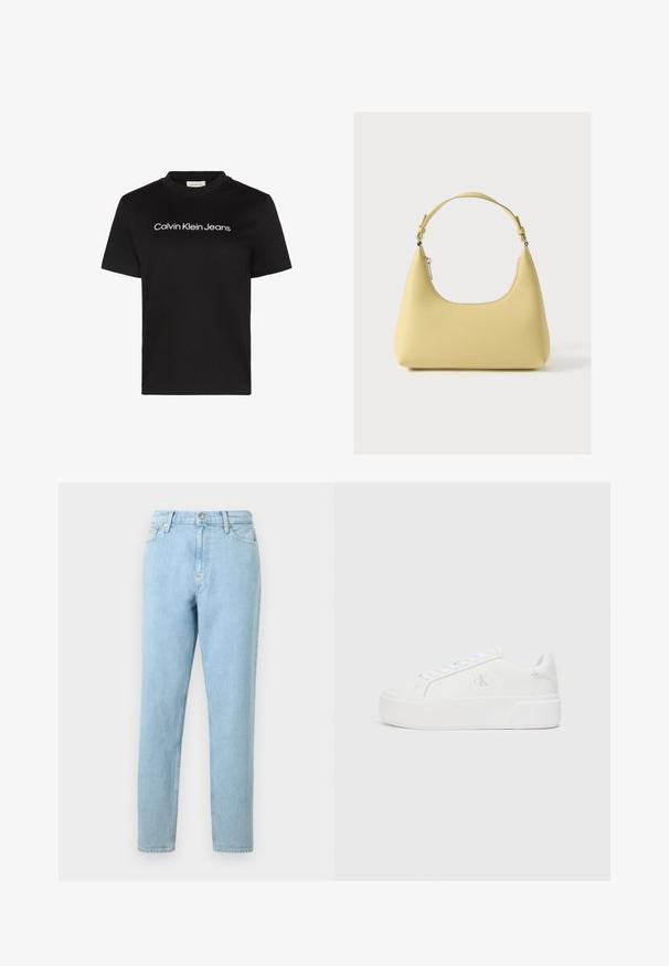 Camiseta de algodón negra con cuello redondo y mangas cortas, con el texto "Calvin Klein Jeans" en blanco en el pecho.; Pantalones vaqueros de denim azul claro con un corte recto, diseño de cinco bolsillos y cierre de botones. Presentan un ligero desvanecimiento y una textura suave.; Zapatillas de plataforma blancas con parte superior de cuero suave, punta redondeada, cordones blancos y un sutil detalle de logotipo en el lateral. Suela de goma plana.; Bolso de cuero amarillo con una silueta curva, correa corta ajustable y compartimento con cremallera. Presenta un logo sutil en el frente.