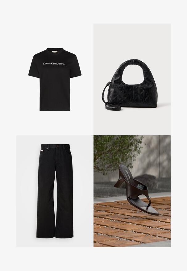 Sort bomuld T-shirt med rund hals og korte ærmer, med teksten "Calvin Klein Jeans" i hvid over brystet.; Sorte breddebenede jeans lavet af bomuld. Har forlommer, en knaplukning og en klassisk denimtekstur. Minimalistisk design uden mønstre.; Brun Calvin Klein hælet thong sandal svævende over træflise og grus udendørs med sløret grønt og stenmur i baggrunden.; Sort læderhåndtaske med et buet topgreb, subtil diamantmønster og en aftagelig rem. Teksturen er glat med prægede detaljer.